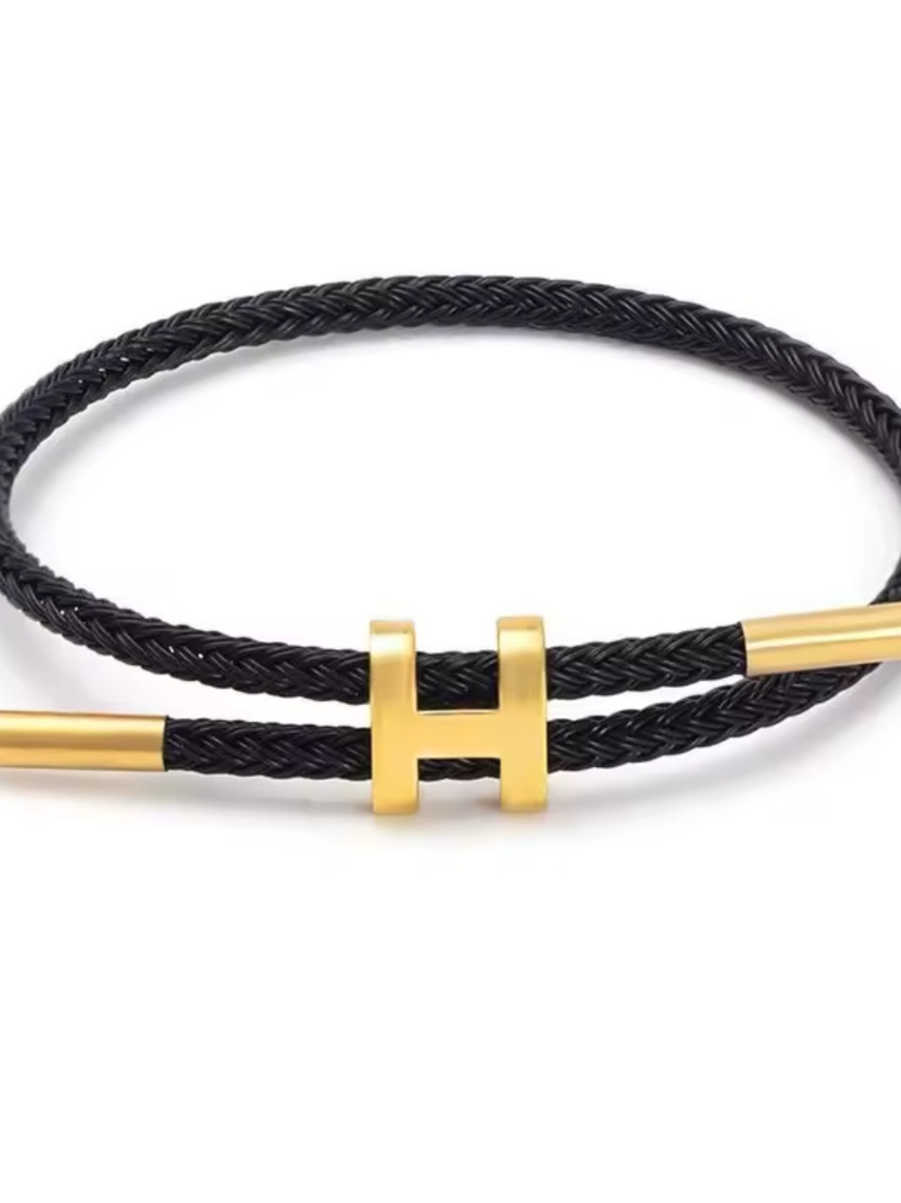 Men's Black Braided Cable Bracelet with Gold H Accent